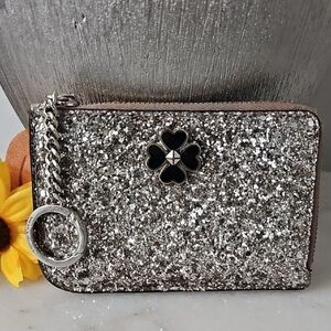 Kate Spade Glitter Clover Card Holder - Black & Silver - Gold Keychain Wallet